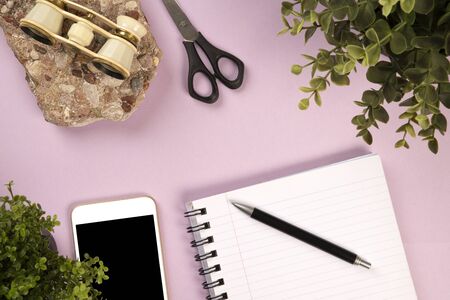 Light purple office desk with stationery supplies. Scissors, binoculars, notebook, mobile phone and a green plant decorationの写真素材