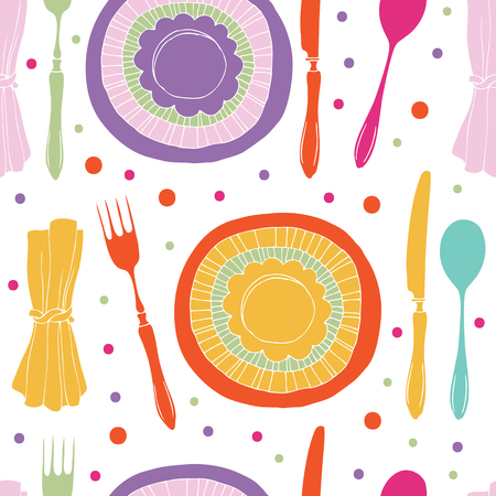 Dinner pattern. Multi-colored plates, cutlery and napkins.のイラスト素材