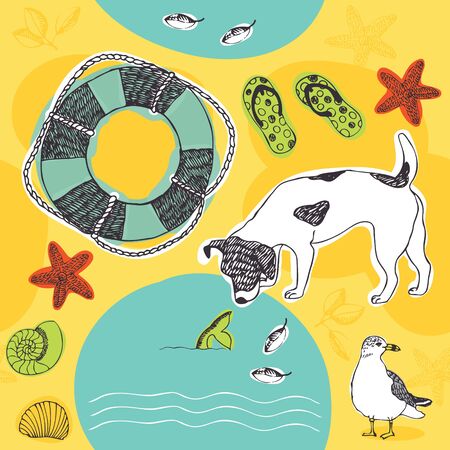 Dog on the beach pattern. Bright yellow background. Dogs, seagulls and beach accessories.のイラスト素材