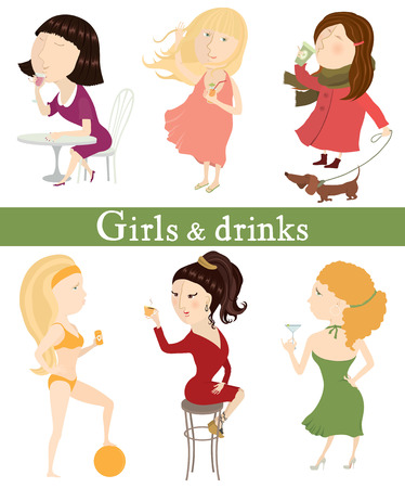 Girls and drinks  Six girls with different drinks のイラスト素材