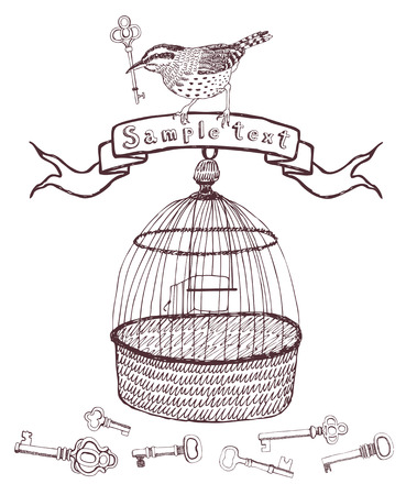 Keys, bird cage and bird design cardのイラスト素材