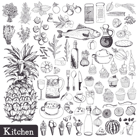 Kitchen set. Utensils and food hand drawn.のイラスト素材