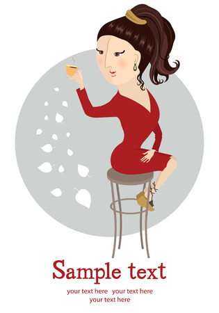 Girl with a cup of coffee and autumn leaves cardのイラスト素材