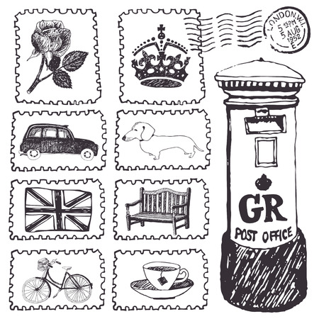 Postal stamps set. Hand drawing sketchのイラスト素材