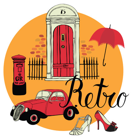 Retro design elements collection. Vintage car, shoes, mailbox and door. Calligraphy design cardのイラスト素材