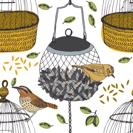 Birds with leaves and cage seamless patternのイラスト素材