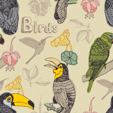 Tropical flowers and birds backgroundのイラスト素材