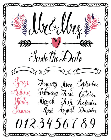 Set of Calligraphic design elements, Mr & Mrs, months, numbers and seasonsのイラスト素材