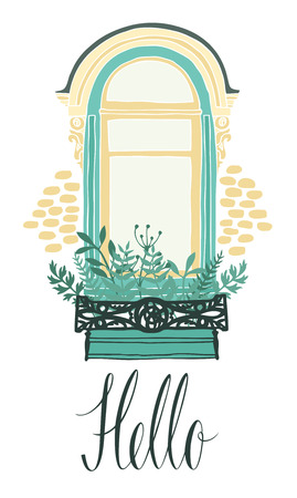 Hello design card with a window and flowersのイラスト素材