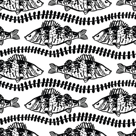 Fish in the algae  seamless pattern, black colorのイラスト素材