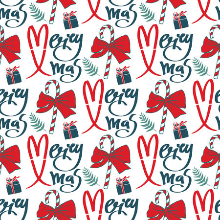 Merry Xmas background with gift boxes, candy canes and fern leavesのイラスト素材
