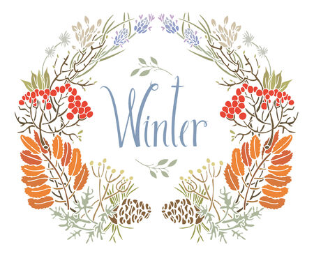 Winter frame of rowan and twigs Design card with rowanのイラスト素材