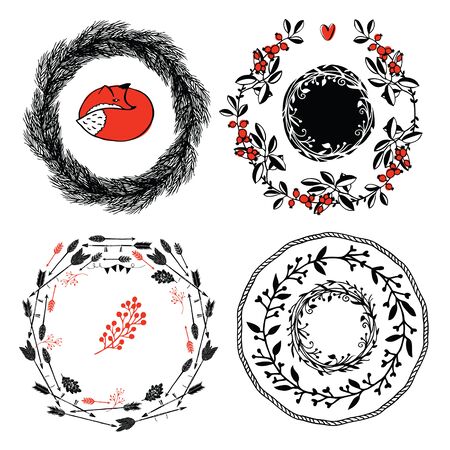 Set of round frames Seven different frames and Red Foxのイラスト素材