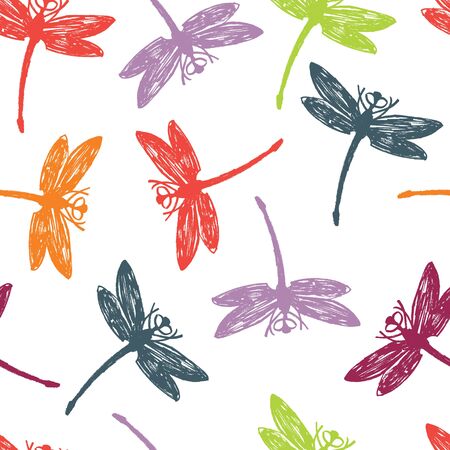 Dragonfly Colorful seamless pattern Sketch styleのイラスト素材
