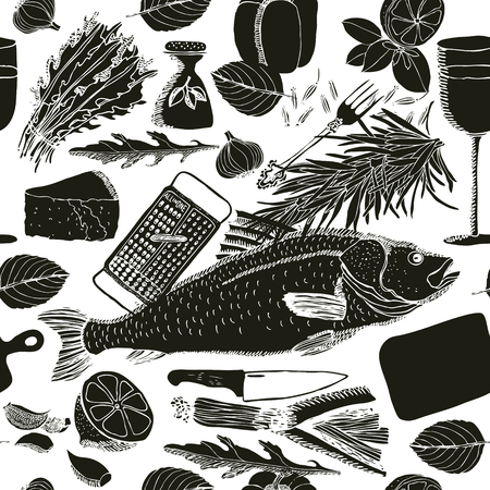 Illustration with fish and wine Hand drawingのイラスト素材