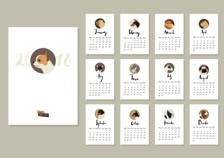 Calendar with twelve different dogs Cover with Chihuahua dogのイラスト素材