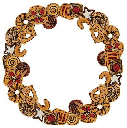 Fresh Bakery Decorative round frame Tea party Vector illustration.のイラスト素材