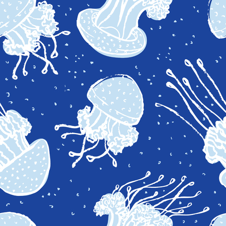 Jellyfish Blue background Sketch style Seamless pattern setのイラスト素材