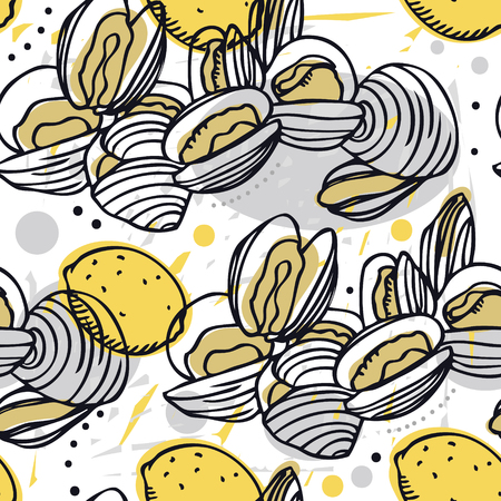 Food Collection Delicious clams and lemons Seamless pattern setのイラスト素材