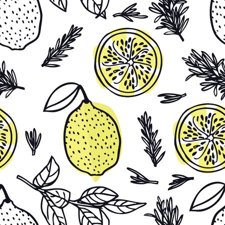 Food collection Rosemary and lemons Hand drawn style Seamless pattern setのイラスト素材