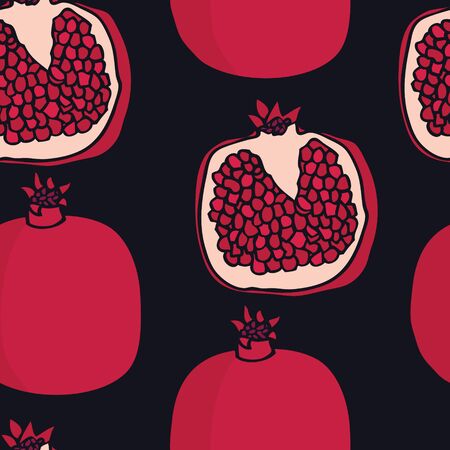 Food collection Pomegranates Black background Seamless pattern setのイラスト素材