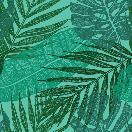 Tropical palm leaves Vector seamless pattern Green background illustration setのイラスト素材