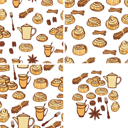 Three seamless pattern Food collection Cinnamon buns and bakery spices Isolated objects Hand drawing setのイラスト素材