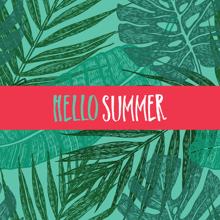 Tropical palm leaves Hello summer Vector illustration setのイラスト素材