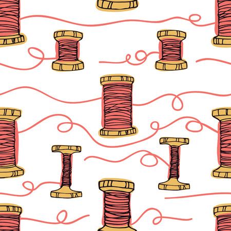 Retro wooden reels of thread Living coral color Hand drawing Seamless pattern setのイラスト素材