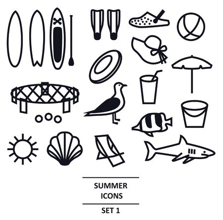 Summer Icons Black line set Travel, vacation and weekend Isolated Vector illustration setのイラスト素材