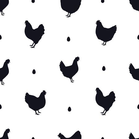 Chicken Black silhouette Seamless pattern Flat vector illustration setのイラスト素材