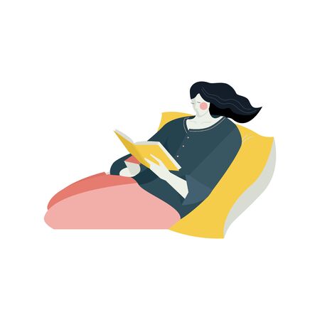 Young woman lies on yellow pillow with book Rest at home, distance studying and self education Books club World Book Day Flat vector illustration on white background setのイラスト素材