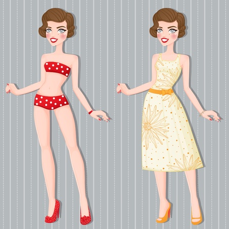 Retro girl in a summer version of the dress のイラスト素材