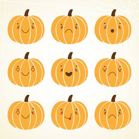 Pumpkin smiley: smiling, sadness, shock, happiness, laughing, angry, winking, sticking Out Tongue, weeping.のイラスト素材