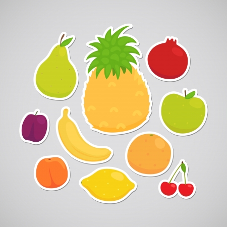Fruit  apple, pear, lemon, orange, plum, cherry, pineapple, peach, banana, pomegranate のイラスト素材