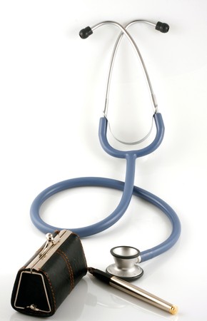 Brown doctor's bag with stethoscope on white backgroundの写真素材