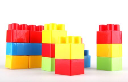 Plastic toy blocks on white backgroundの写真素材