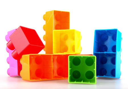 Plastic building blocks on a white backgroundの写真素材