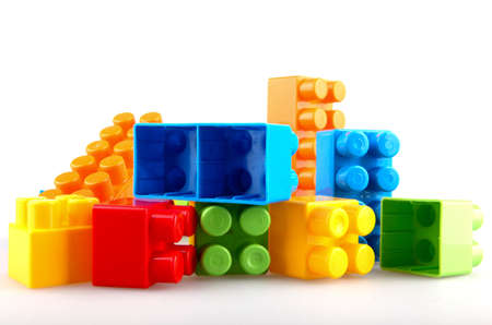 Plastic building blocks on a white backgroundの写真素材