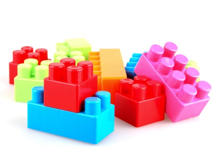 Plastic building blocks on a white backgroundの写真素材