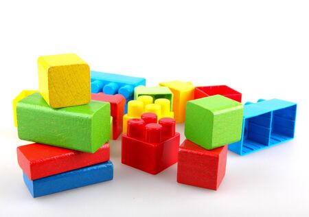 Plastic building blocks on a white backgroundの写真素材