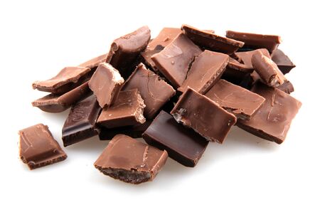 Broken chocolate bar on a white background.