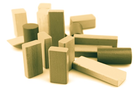 Wooden building blocks isolated on white background.