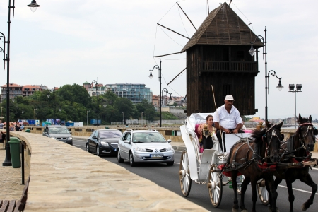 Nesebar, Bulgaria - 06/23/2013: People visit Old Town on June 23, 2013 day of Nessebar, Bulgaria. Nessebar in 1956 was declared as museum cityのeditorial素材