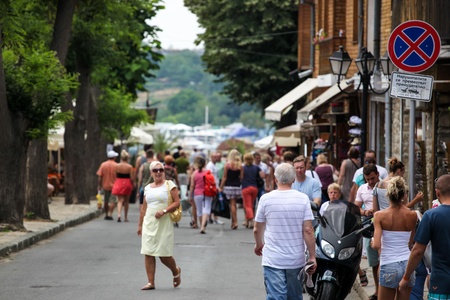 Nesebar, Bulgaria - 06/23/2013: People visit Old Town on June 23, 2013 day of Nessebar, Bulgariaのeditorial素材