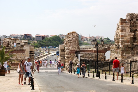 Nesebar, Bulgaria - 06/23/2013: People visit Old Town on June 23, 2013 day of Nessebar, Bulgariaのeditorial素材