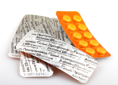 AYTOS, BULGARIA - JANUARY 21, 2014: Propranolol is a sympatholytic non-selective beta blocker. Sympatholytics are used to treat hypertension, anxiety and panic.のeditorial素材