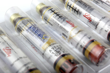AYTOS, BULGARIA - MARCH 14, 2014: Insulin is a peptide hormone, produced by beta cells in the...