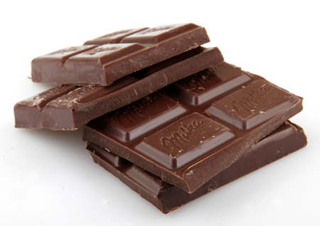 AYTOS, BULGARIA - MAY 05, 2014: Milka Dark Alpine milk chocolate. Milka is a traditional brand of chocolate confection, since October 2012 manufactured by MondelÄz International.のeditorial素材