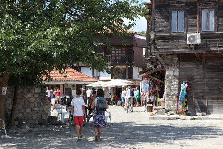 NESEBAR, BULGARIA - AUGUST 29: People visit Old Town on August 29, 2014 in Nesebar, Bulgaria. Nesebar in 1956 was declared as museum city, archaeological and architectural reservation by UNESCO.のeditorial素材